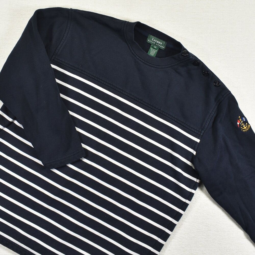 Lauren Ralph Lauren Womens Striped Nautical Button Shoulder Sweater Navy Medium